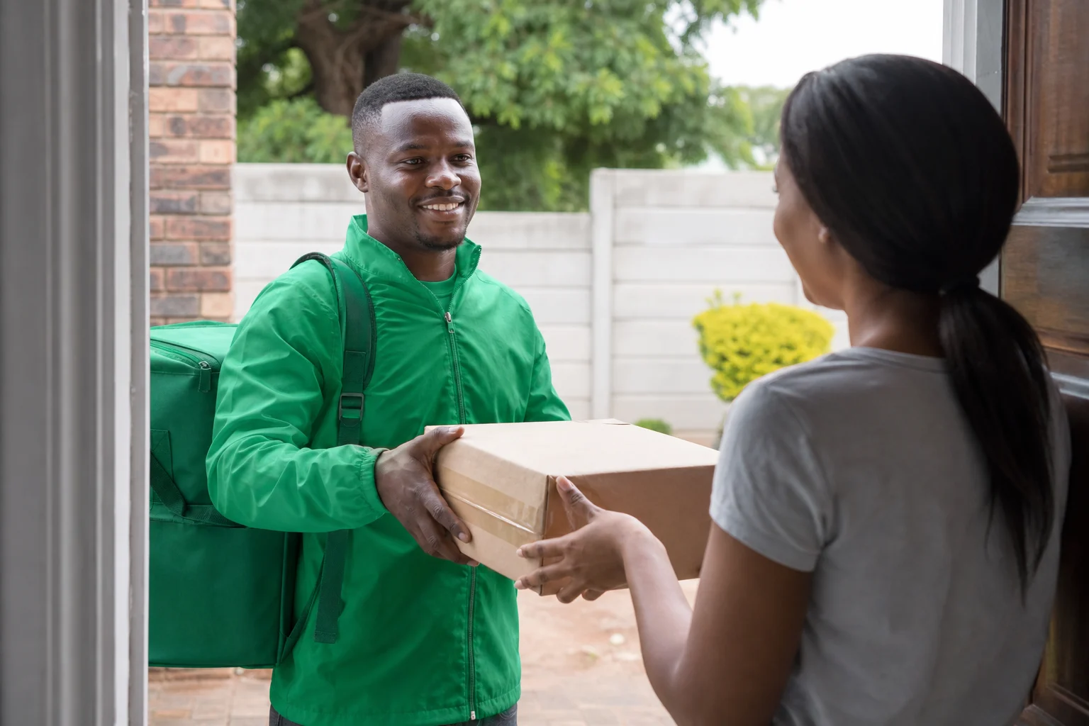A Kose courier handing a parcel to a customer